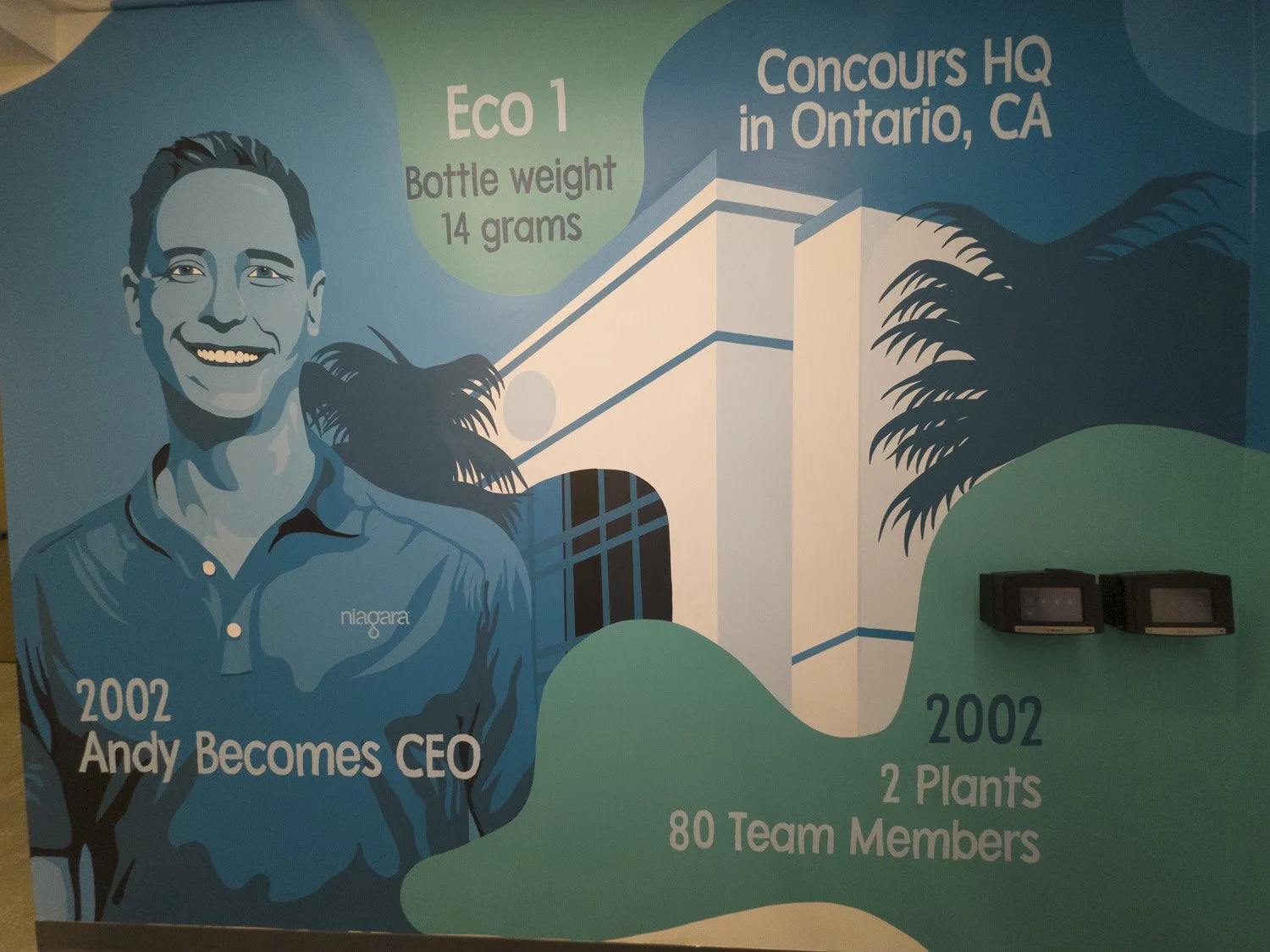 Professional mural installation in a corporate office environment, demonstrating how large-scale commercial art creates branded impact and visual identity.