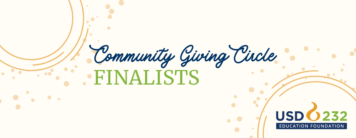 Beige graphic with orange circles and dates and the text "community giving circle finalists" with the USD 232 Education Foundation logo