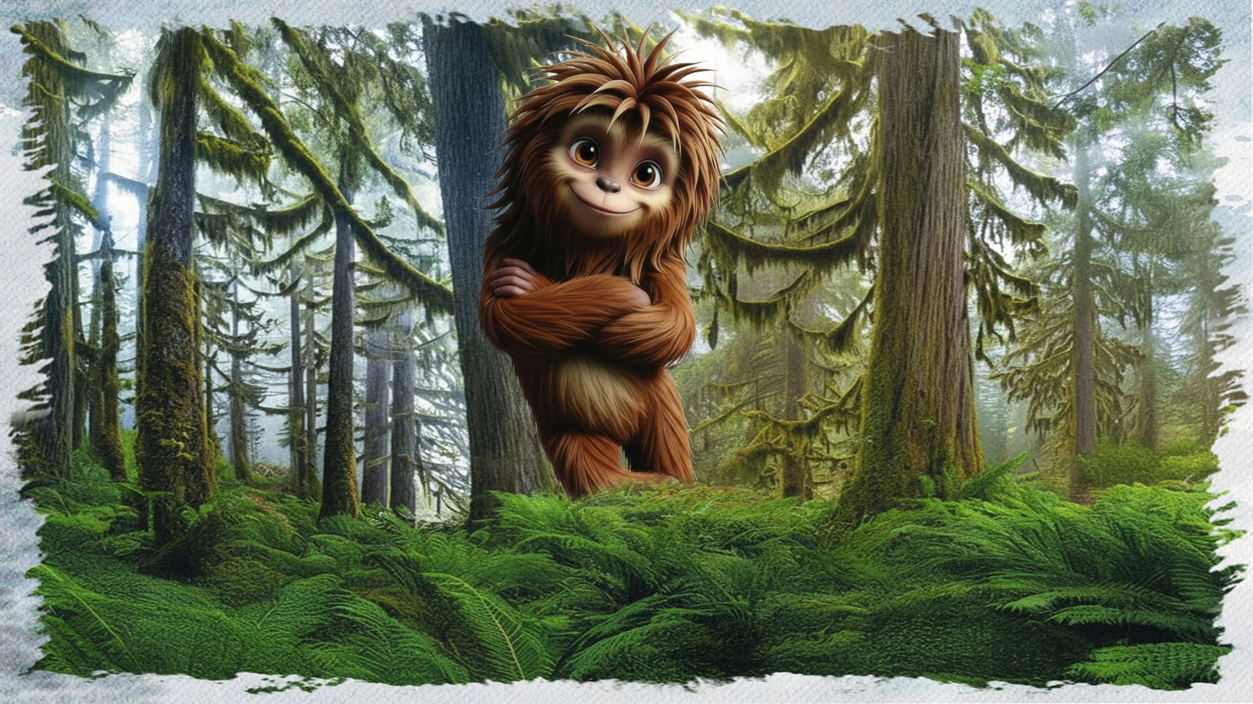 Animated anthropomorphic lion cub with brown fur and large expressive eyes, standing with arms crossed in a lush, green, moss-covered forest with tall trees and dense foliage.