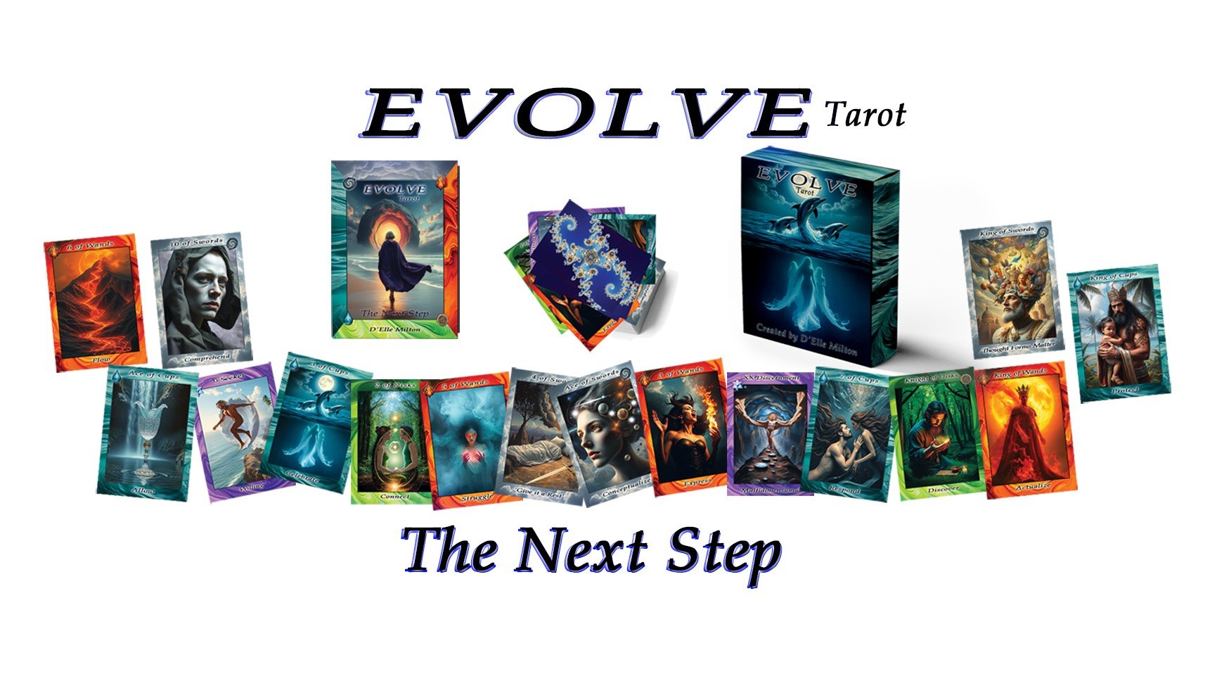 Evolve Tarot deck with cards spread out, including stacks and individual cards, featuring mystical artwork and the brand box, with text 'EVOLVE Tarot' and 'The Next Step'.