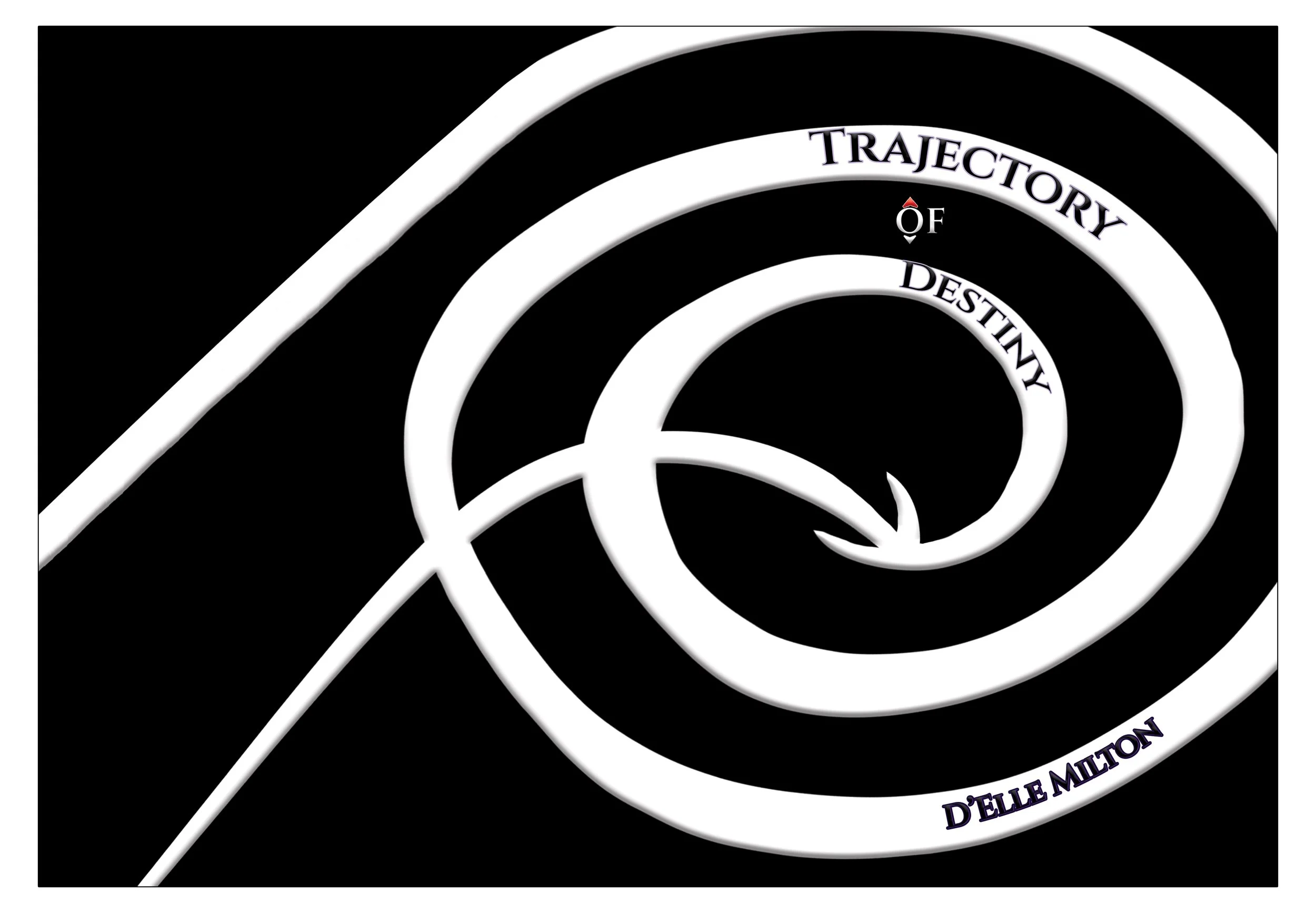 Black background with white concentric circles and curved white text displaying 'TRAJECTORY OF DESTINY OF ELLE MILTON'.