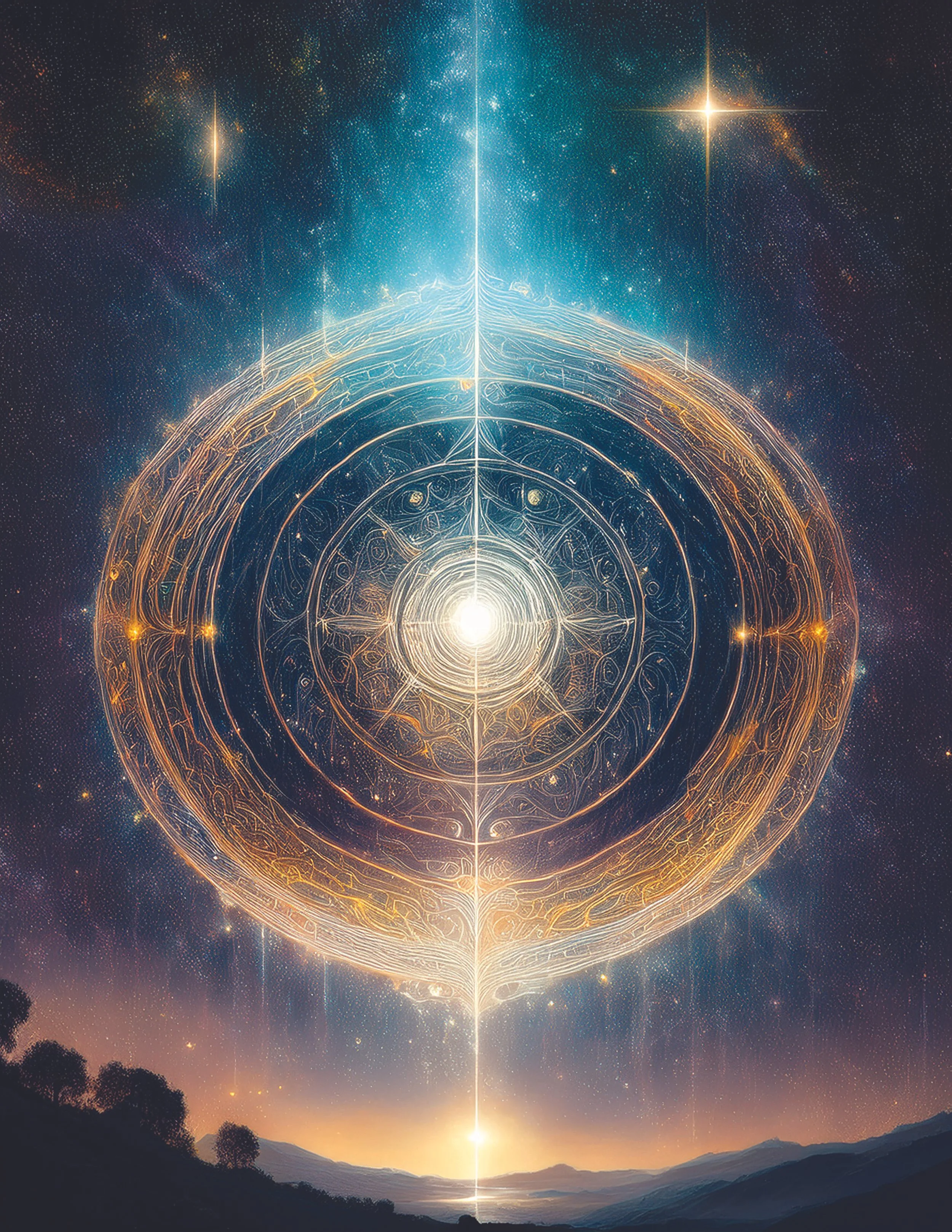 A celestial scene with a glowing, intricate geometric pattern and glowing stars in a starry sky above a mountain landscape.