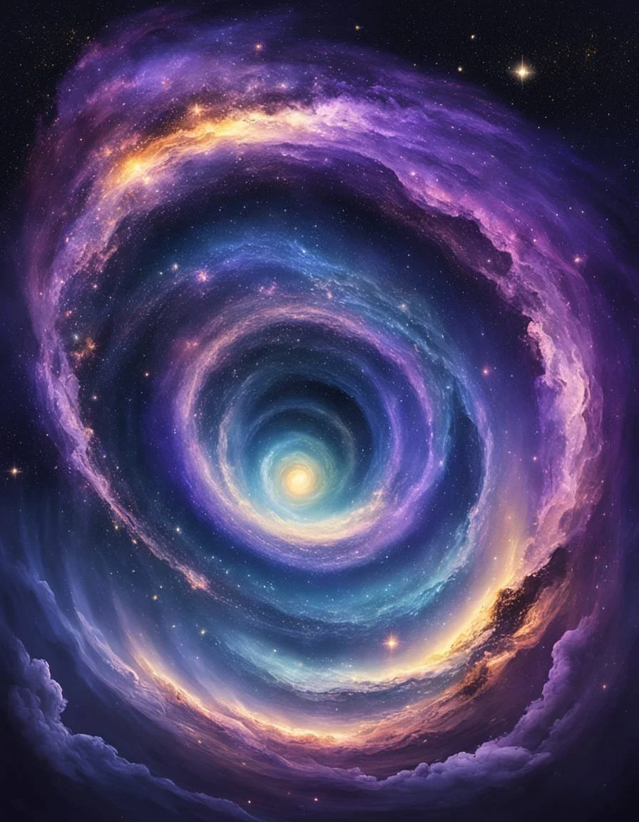 A colorful depiction of a swirling galaxy with bright stars and cosmic clouds in shades of purple, blue, and yellow.