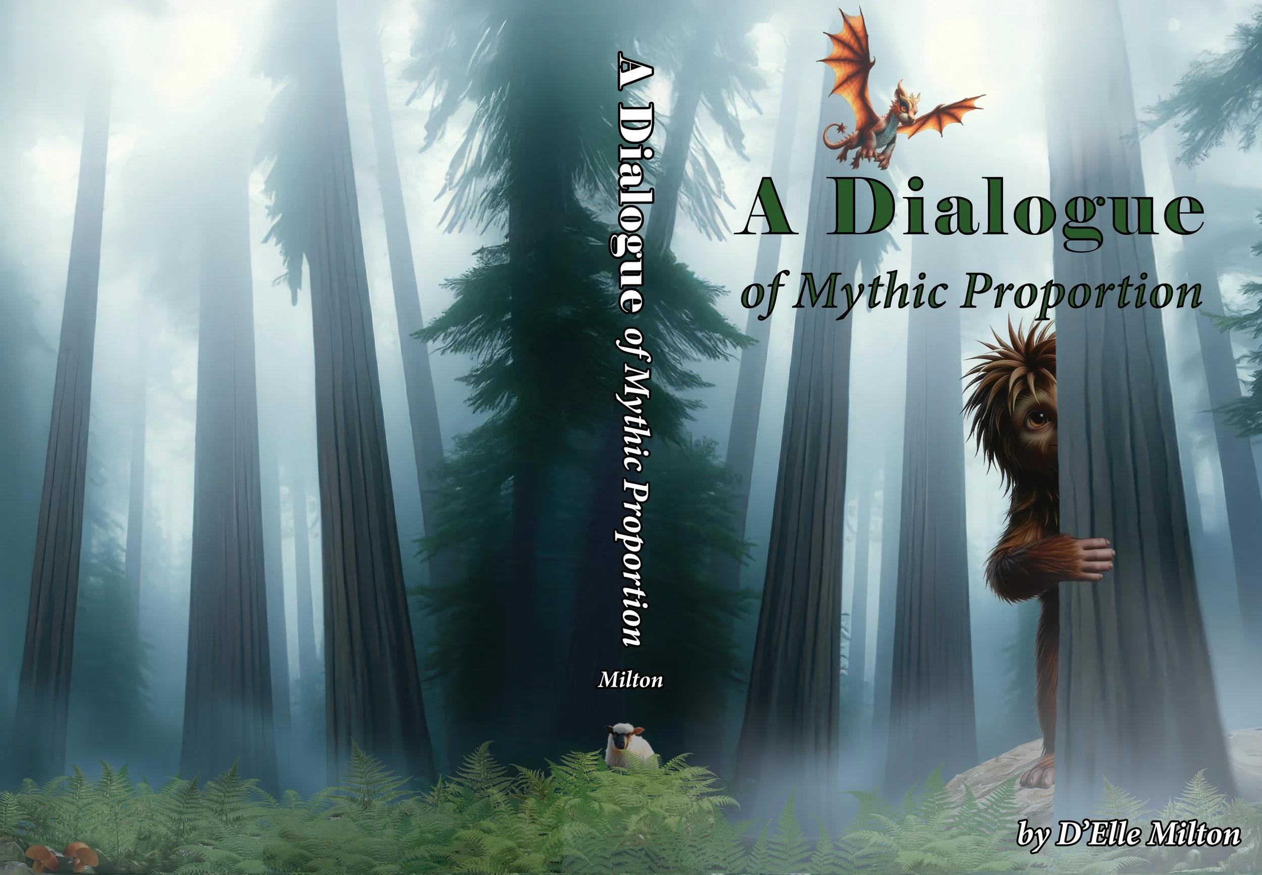 Book cover titled 'A Dialogue of Mythic Proportion' by D'Elle Milton, featuring a foggy forest scene with tall trees, a small sheep in the foreground, a dragon flying in the sky, and a curious lion peeking from behind a tree.