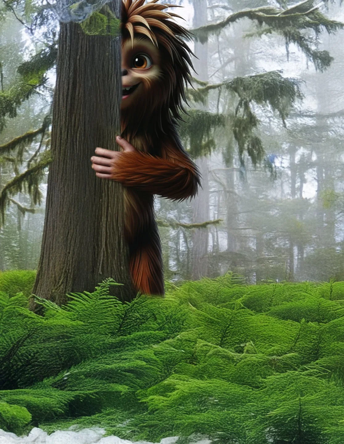 Animated creature peeking from behind a tree in a lush forest with moss-covered ground and foggy background.