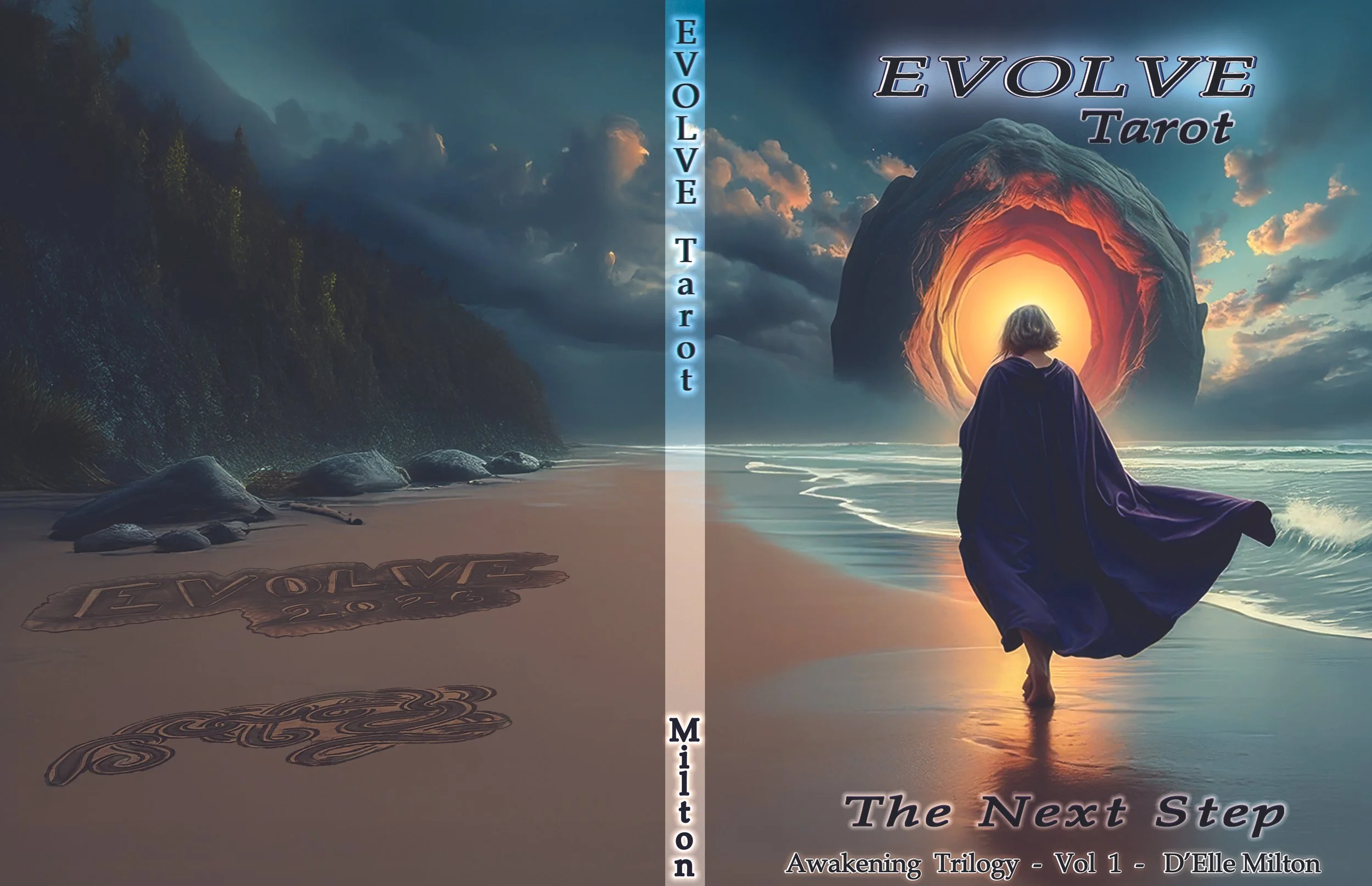 Book cover for 'Evolve Tarot: The Next Step' by D'Elle Milton, showing a woman walking on a beach toward a large, glowing portal in the sky with clouds, ocean, and rocky cliffs in the background.
