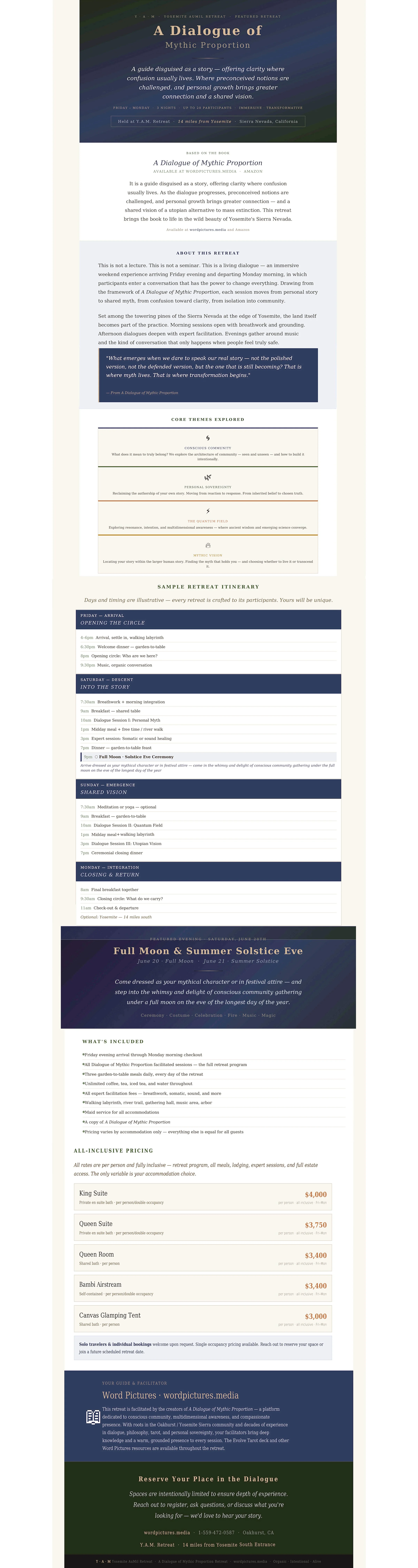 A webpage titled "A Dialogue of Mythic Proportion" with information about a retreat or seminar, including schedule, core themes, and pricing, June 19 thru June 22, 2026