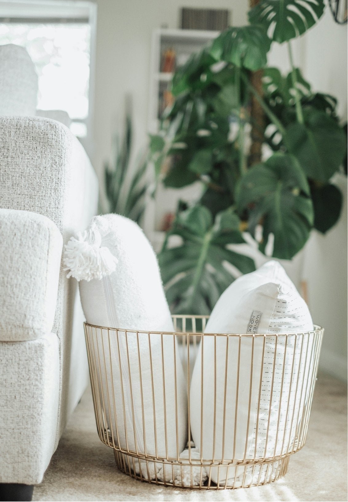 A gold wire basket holding two white pillows sits on a light carpet beside a cream-colored sofa, with large green houseplants—and notes from an IFS-informed EMDR consultation—visible in the background.