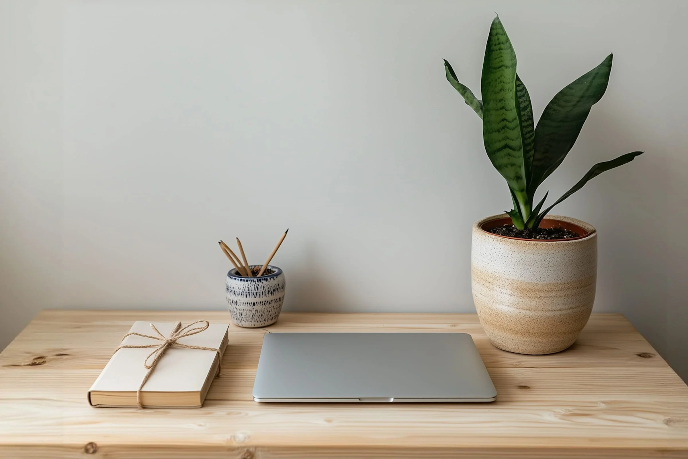 A closed laptop, a potted plant, a wrapped notebook, and a cup with pencils neatly arranged on a light wooden desk against a plain wall.