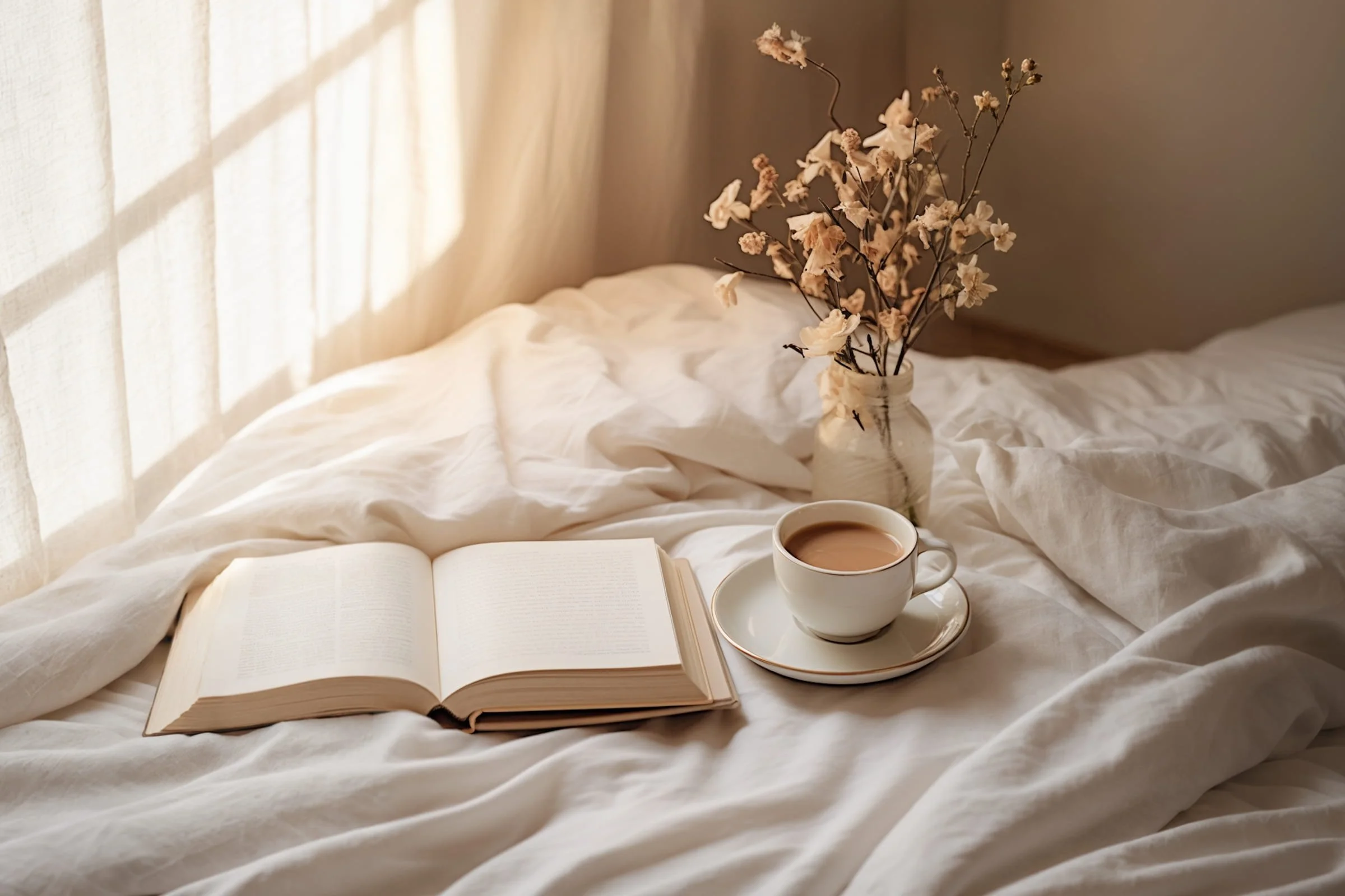 An open blank notebook sits on a light wooden desk with gold pencils in a holder, a white vase with delicate flowers, and burgundy and white fabrics draped across the surface in soft natural light.
