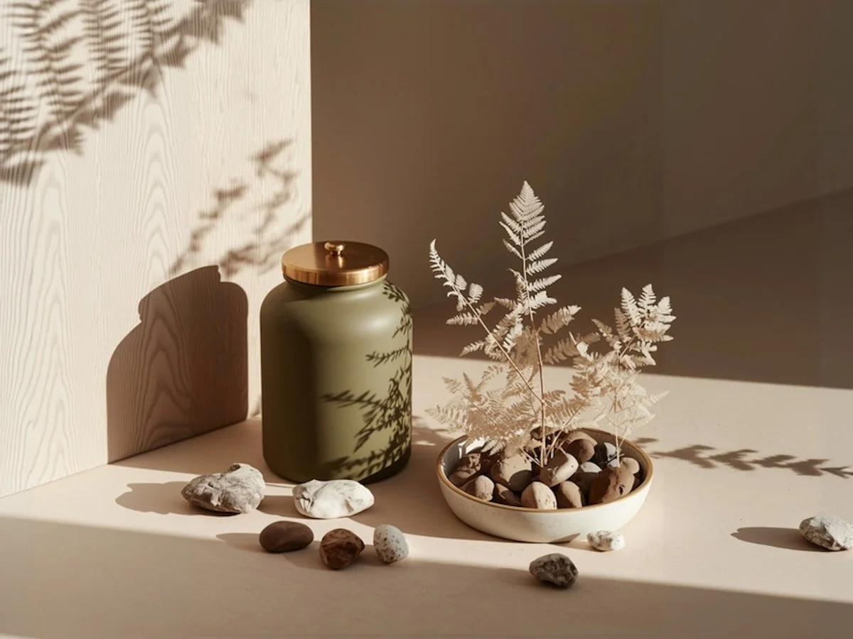 Minimalist decor with an olive jar, golden lid, dried ferns, and stones in warm sunlight. Perfect for natural and earthy design inspiration.