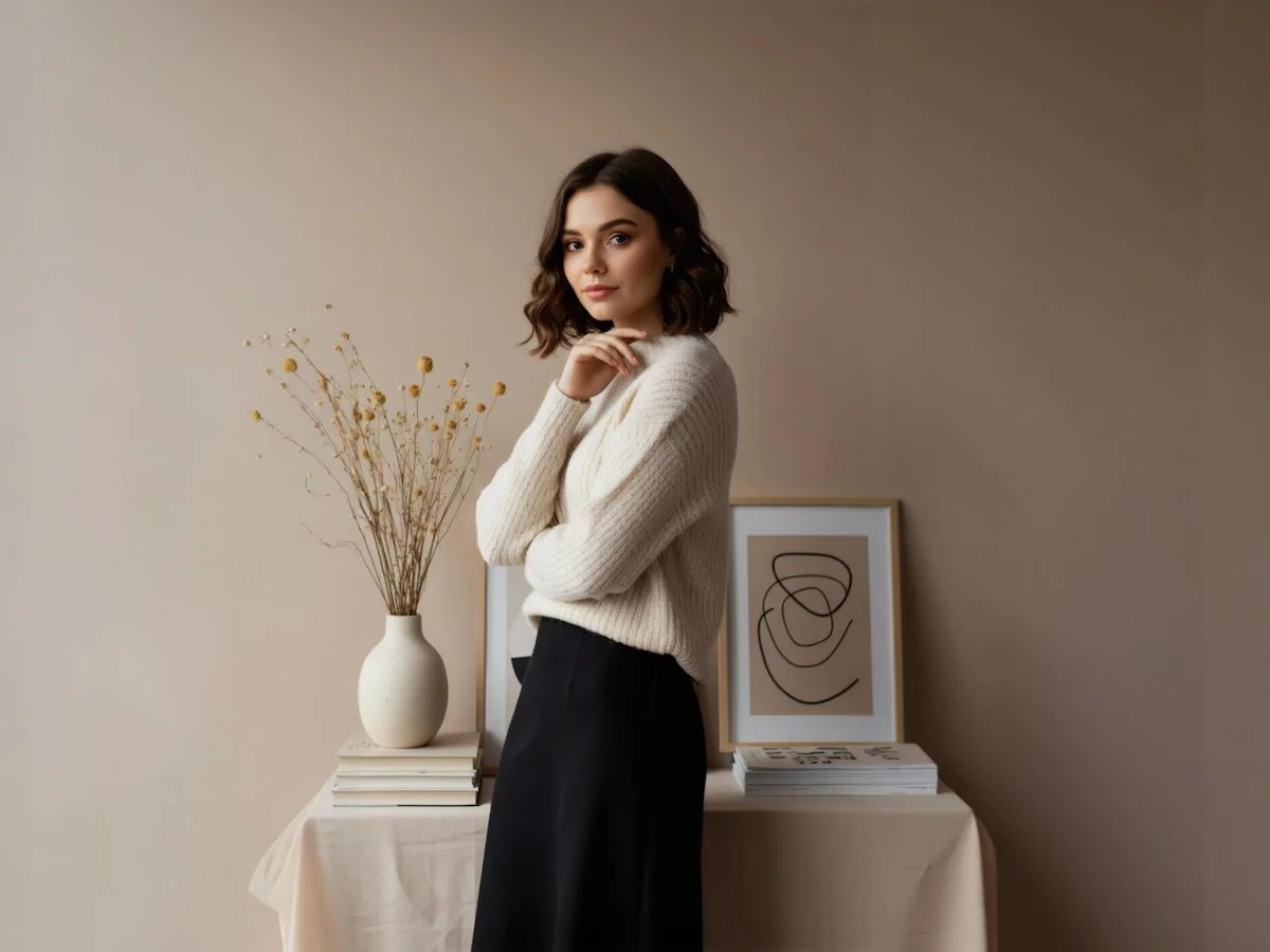 Elegant woman in a cream sweater and black skirt in a minimalist setting with abstract art and dried flowers.