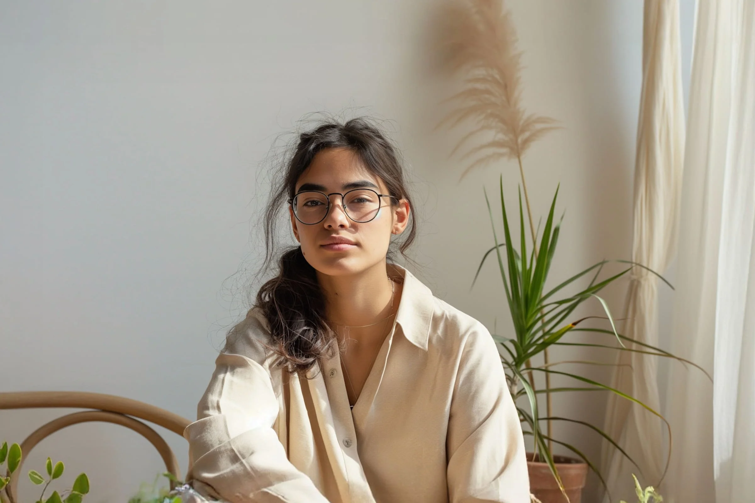 A young woman with long dark hair and glasses sits indoors, wearing a beige shirt. Behind her are green plants and sunlight filtering through sheer curtains.