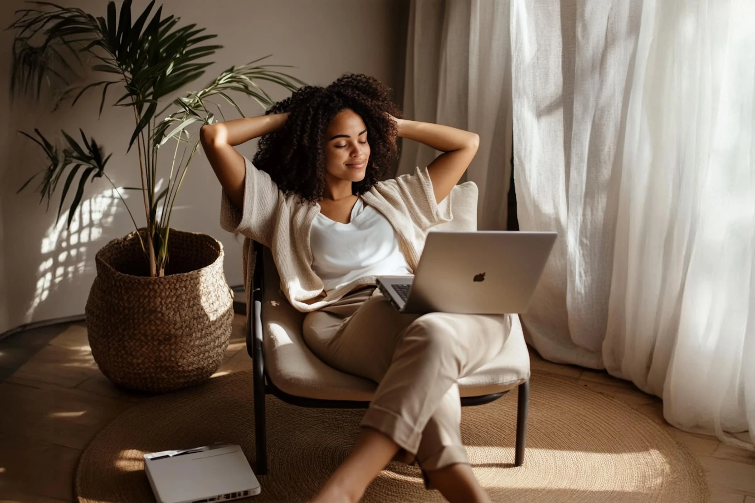 A woman relaxes in a chair with her hands behind her head, smiling while looking at a laptop on her lap. Sunlight streams through sheer curtains, and a potted plant is nearby on a woven rug.