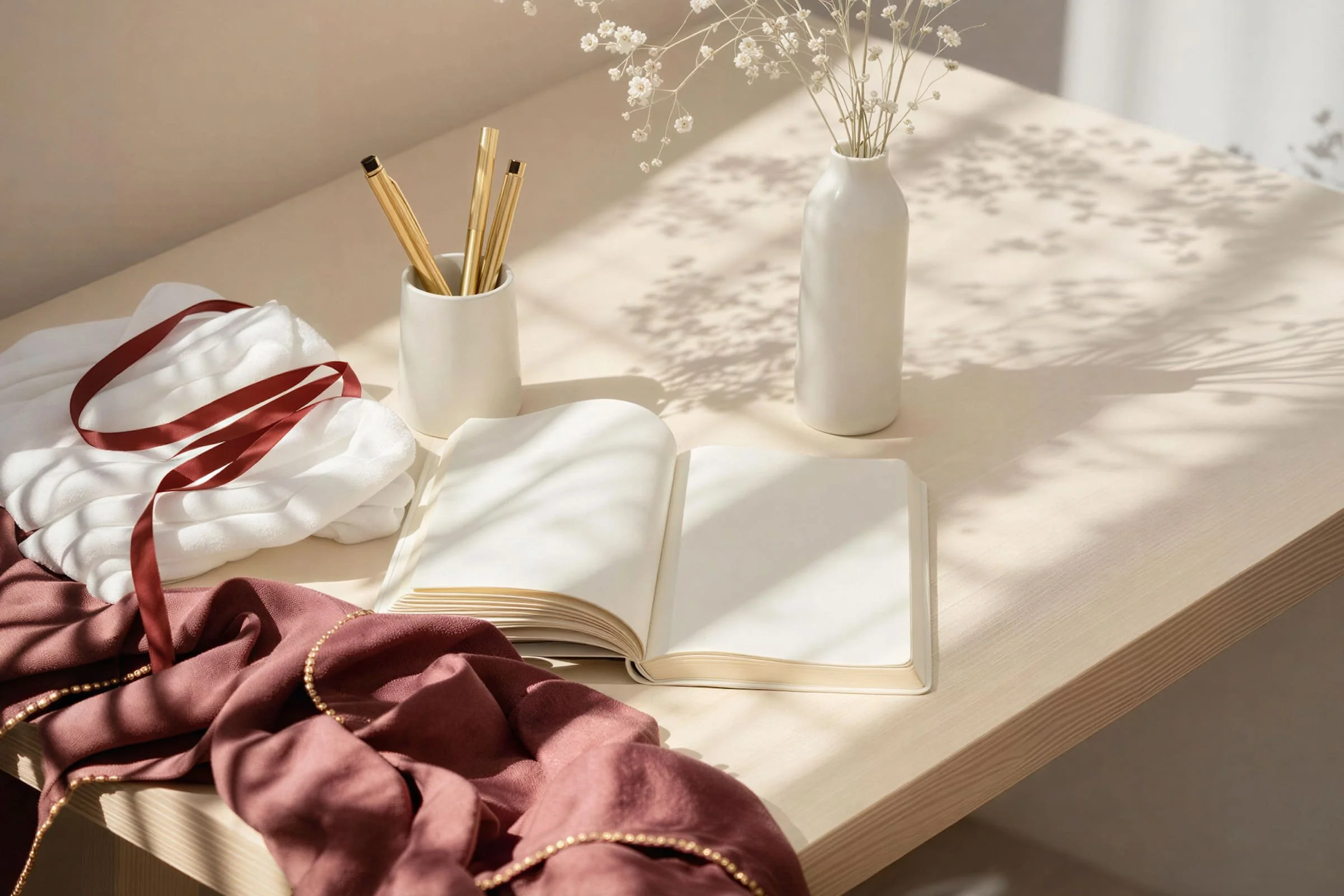 A sunlit desk with an open blank notebook, gold pens in a cup, a white vase with delicate flowers, white fabric, and a mauve ribbon and cloth draped across the surface. Shadows from the flowers fall gently on the desk.