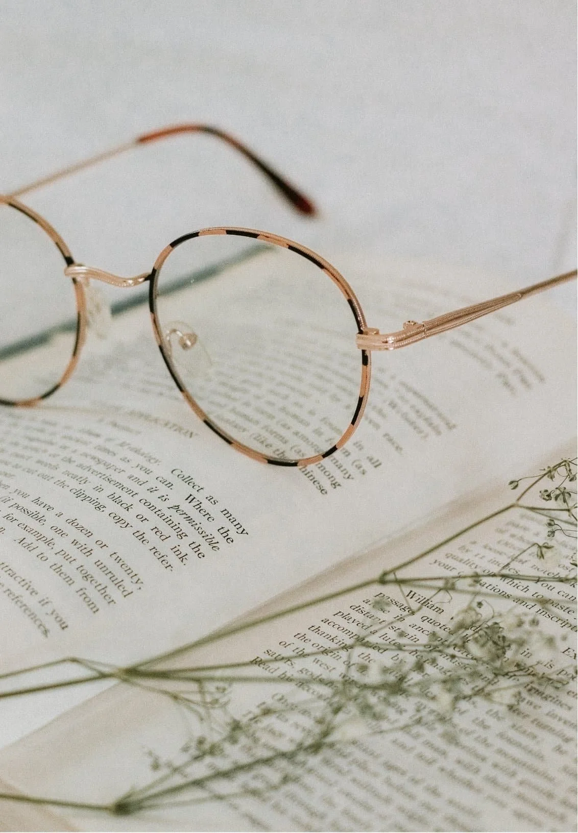 Round, thin-framed eyeglasses rest on an open book with visible text. Delicate sprigs of greenery lie across the pages, evoking a serene, vintage-inspired scene that suggests the calming effect of therapy for anxiety.