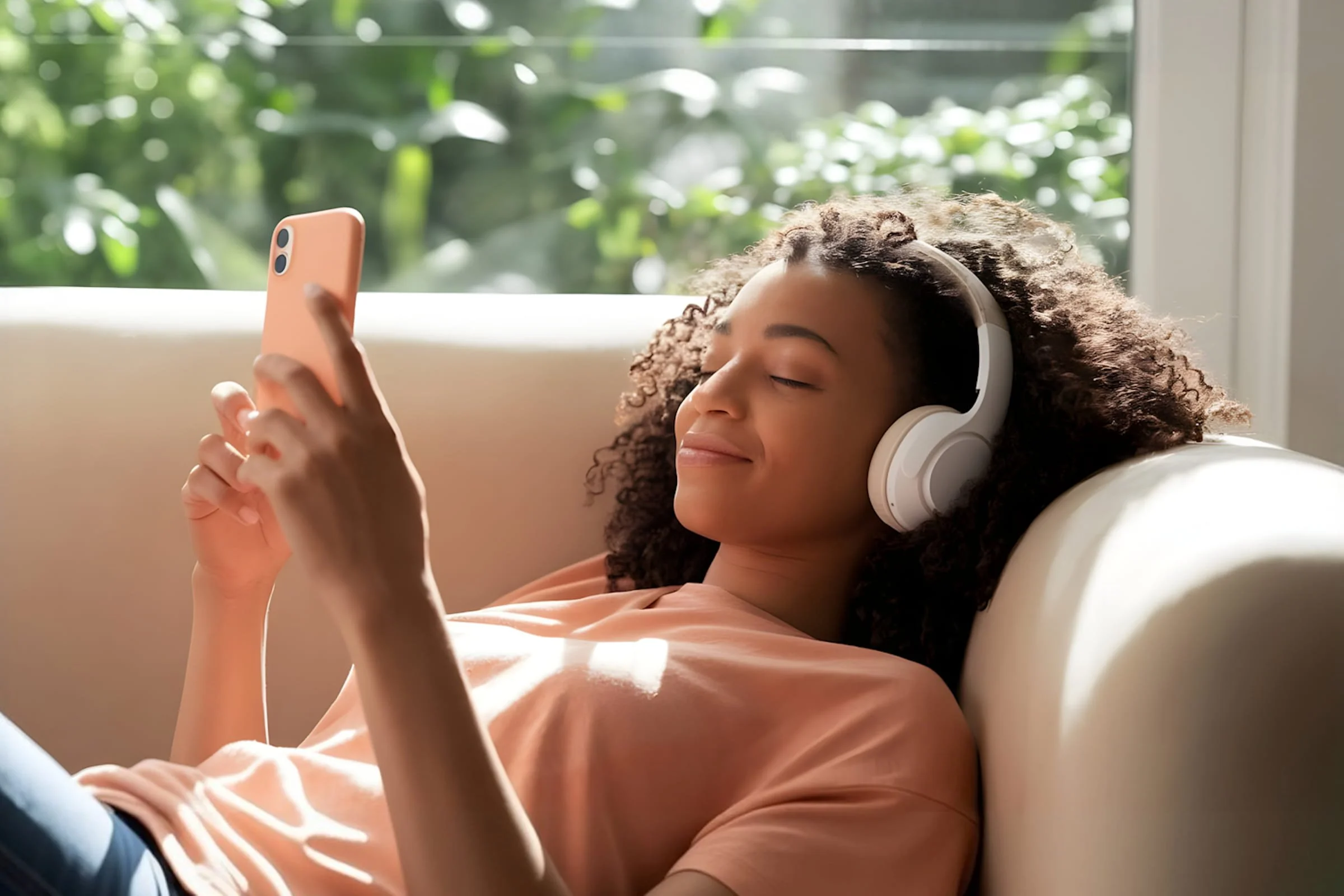 A young woman with curly hair relaxes on a couch, wearing white headphones and smiling while looking at her smartphone. Sunlight streams through a window with green plants in the background.