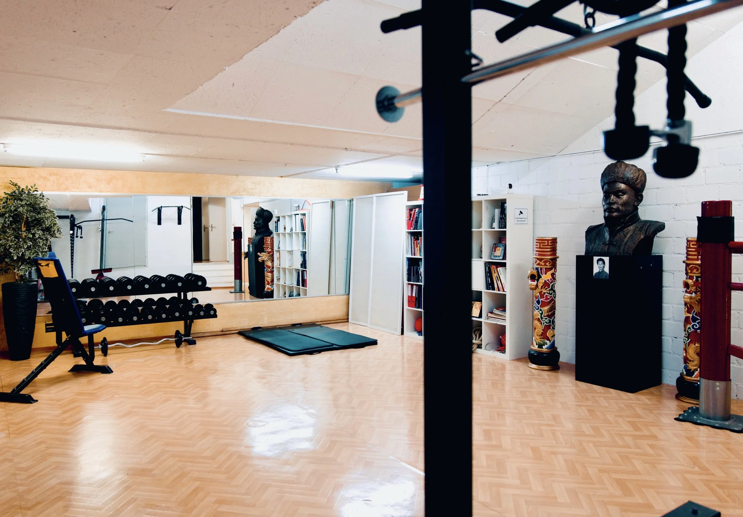Fitnessraum mit Spiegel, Hanteln, Yoga-Matten, Bücherregalen, Skulptur, chinesischen Säulen und Fitnessgeräten.