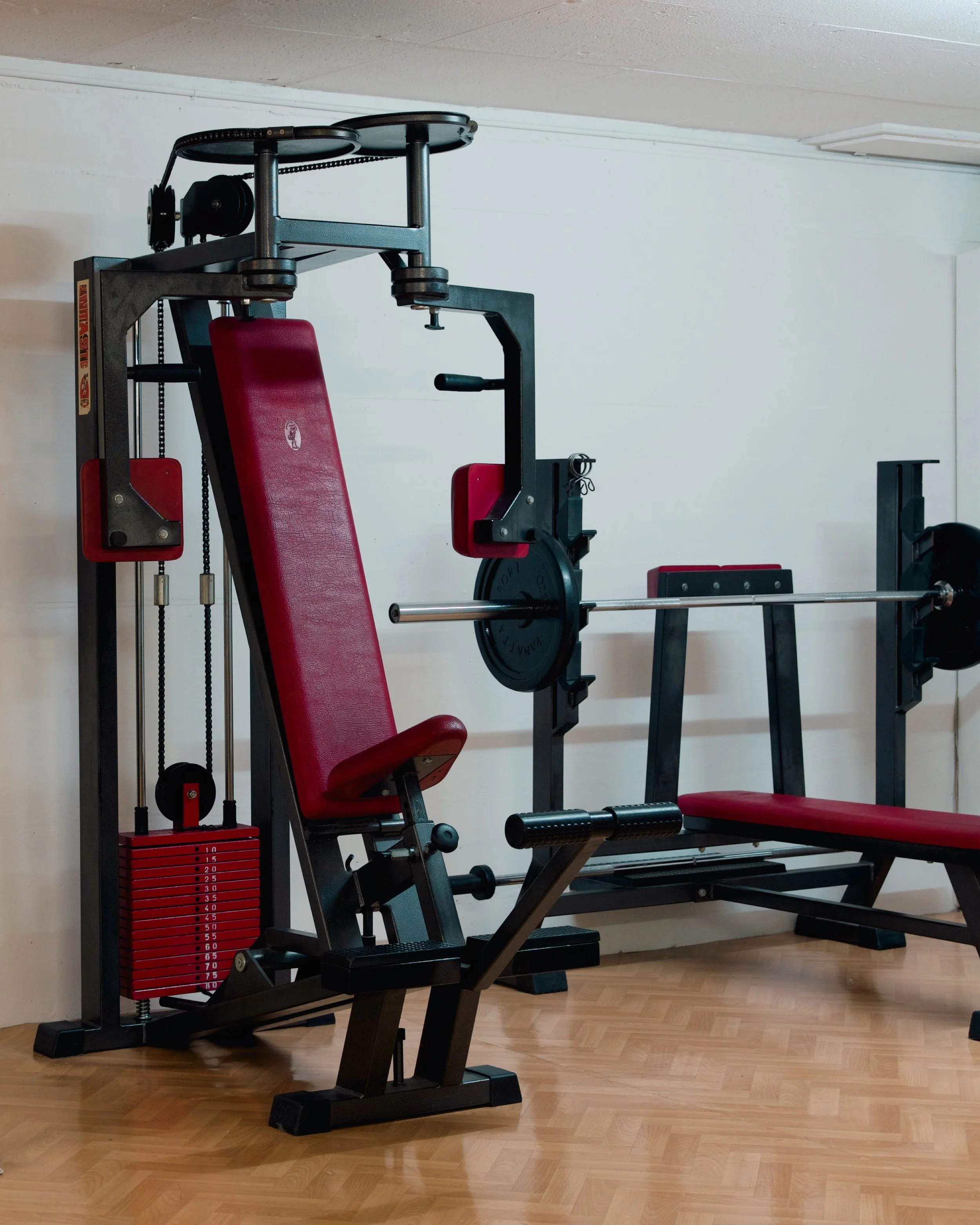 Fitnessgerät mit rotem Polster und eine Langhantel auf dem Kniebeugenständer in einem Fitnessraum.