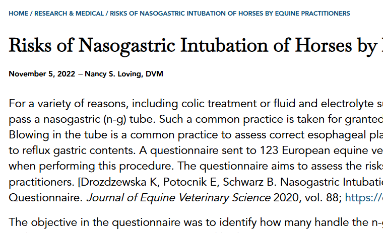 Paper citing risks of treating horses with a nasogastric tube