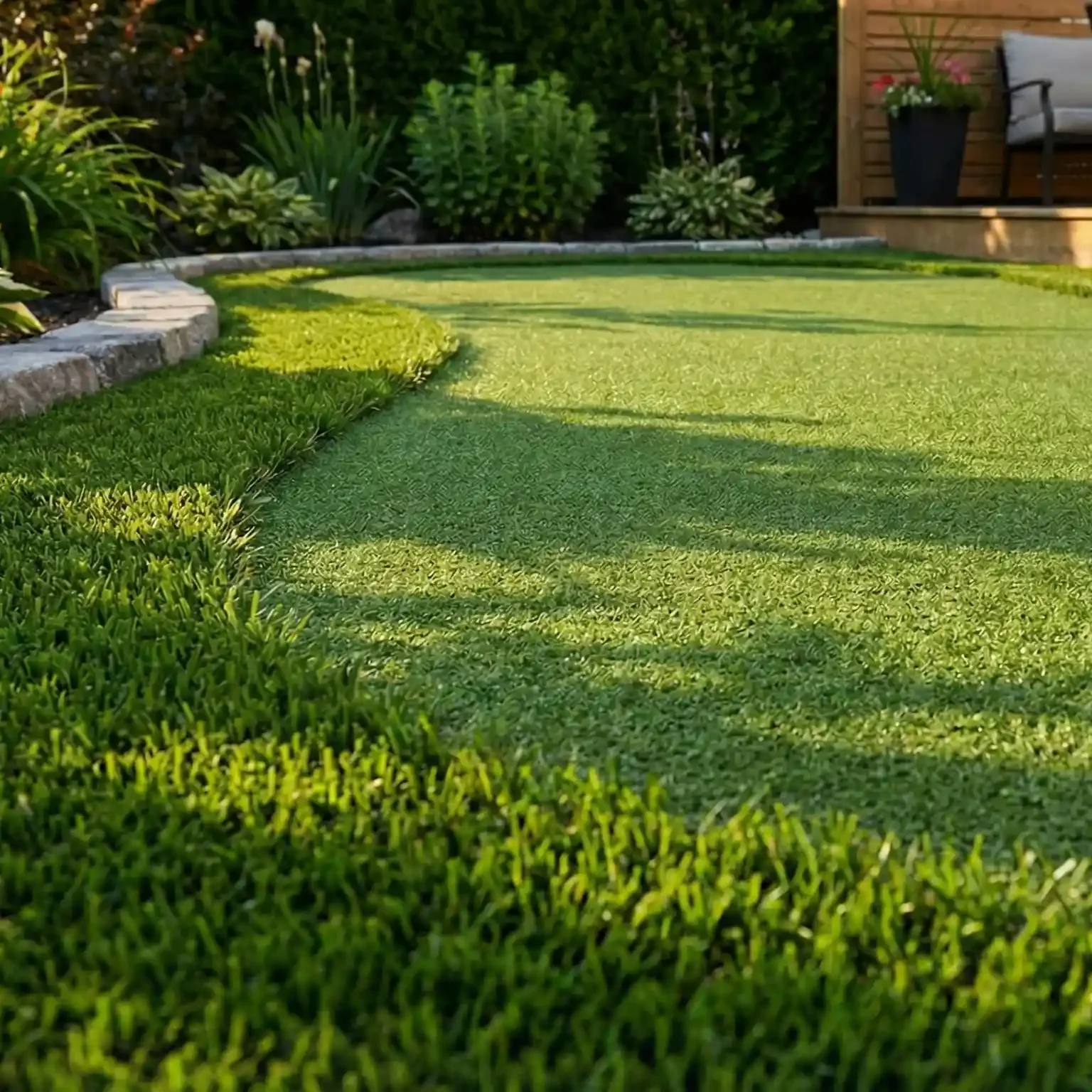 Artificial turf installation in Bellevue, WA with curved stone-bordered planting bed and outdoor seating