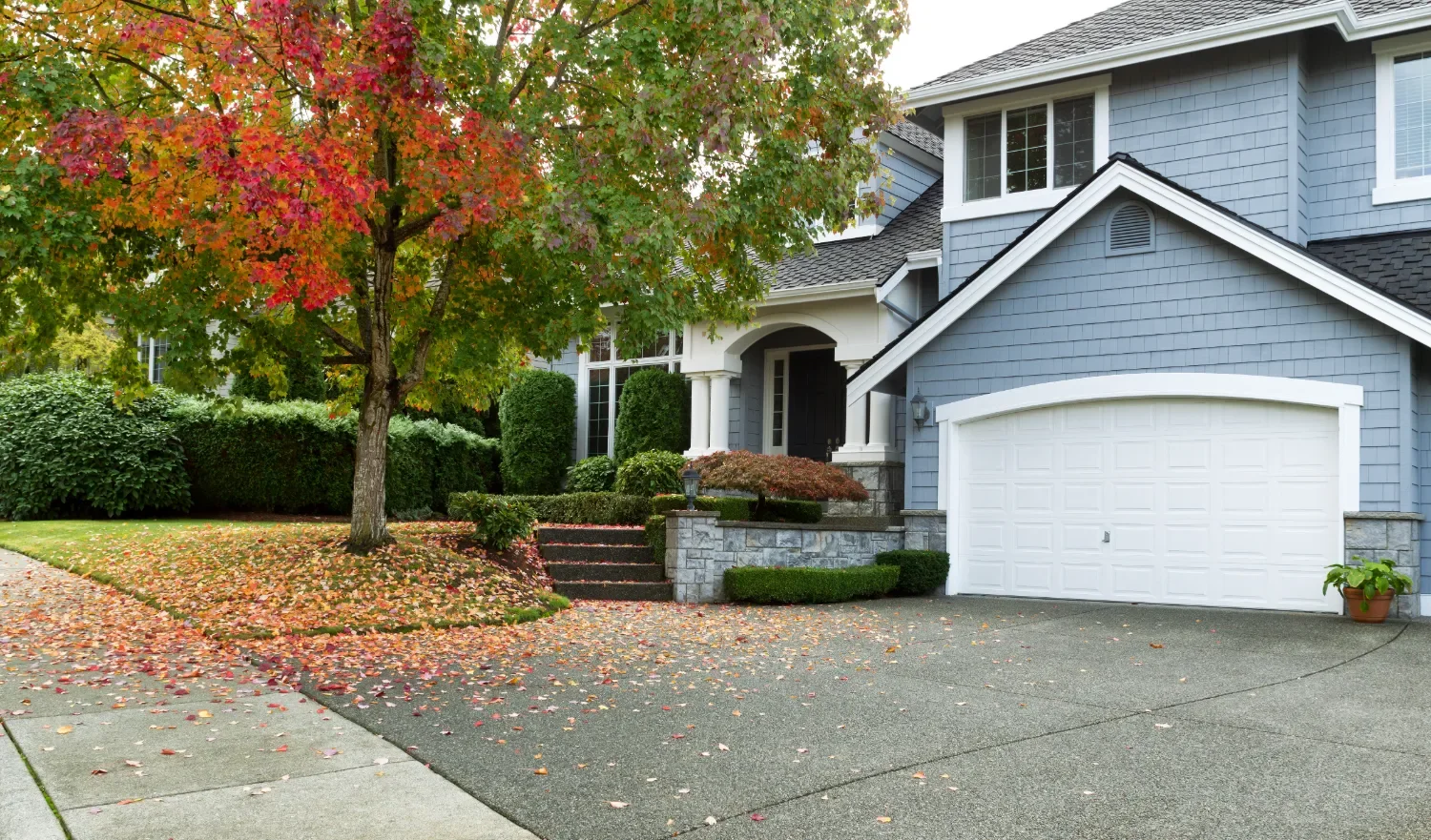 Front yard in Renton, WA with fallen autumn leaves, trimmed shrubs, and a clean residential landscape after seasonal cleanup.