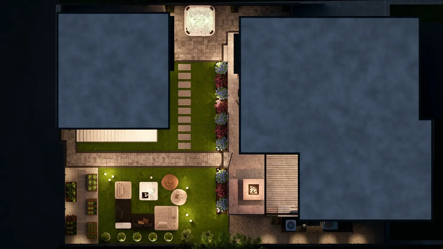 Landscape design plan in Lynnwood WA showing backyard layout with patio, walkway, garden beds, and outdoor living area