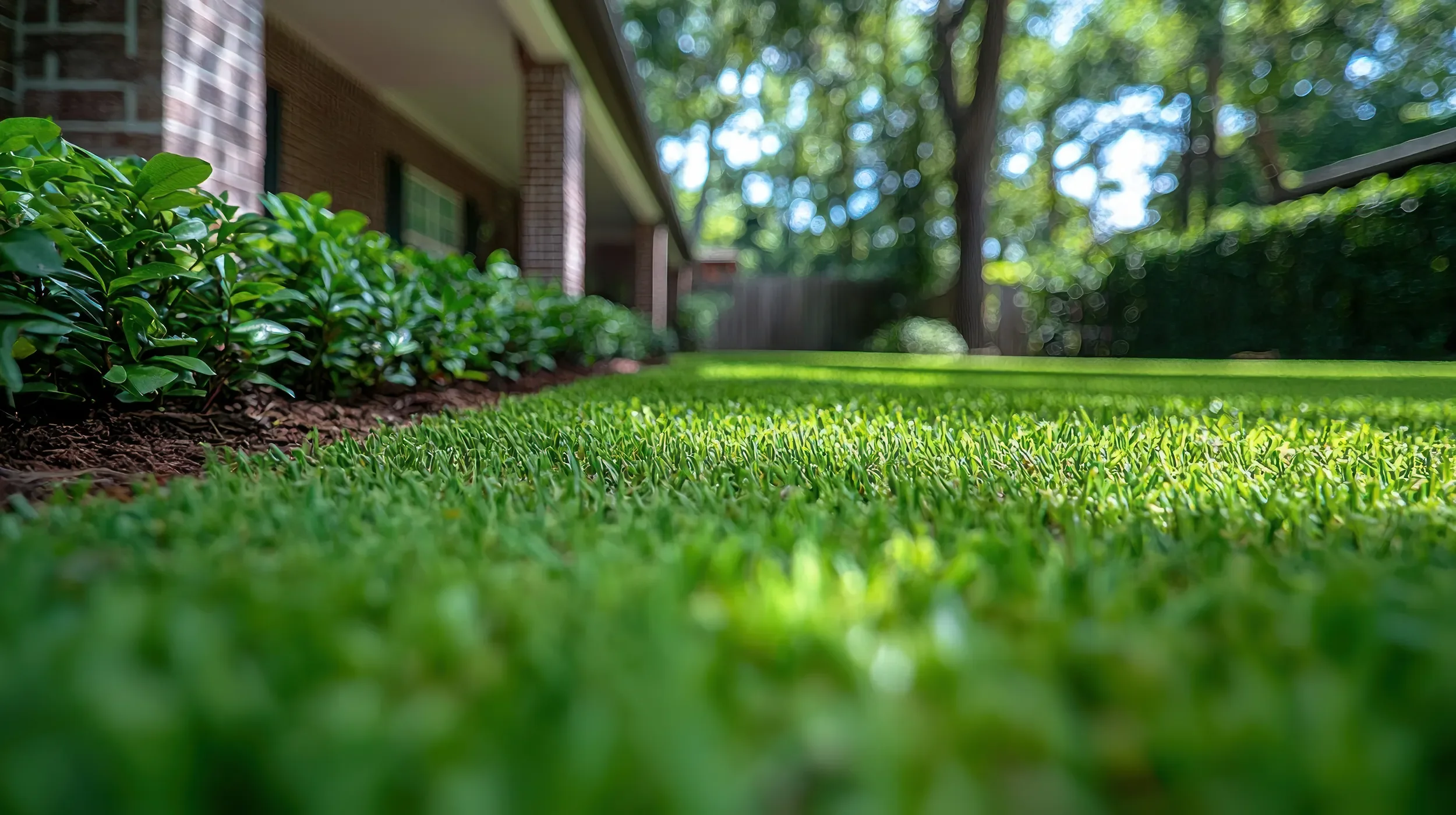 Lush artificial turf installation at a residential Seattle, WA home with shaded backyard