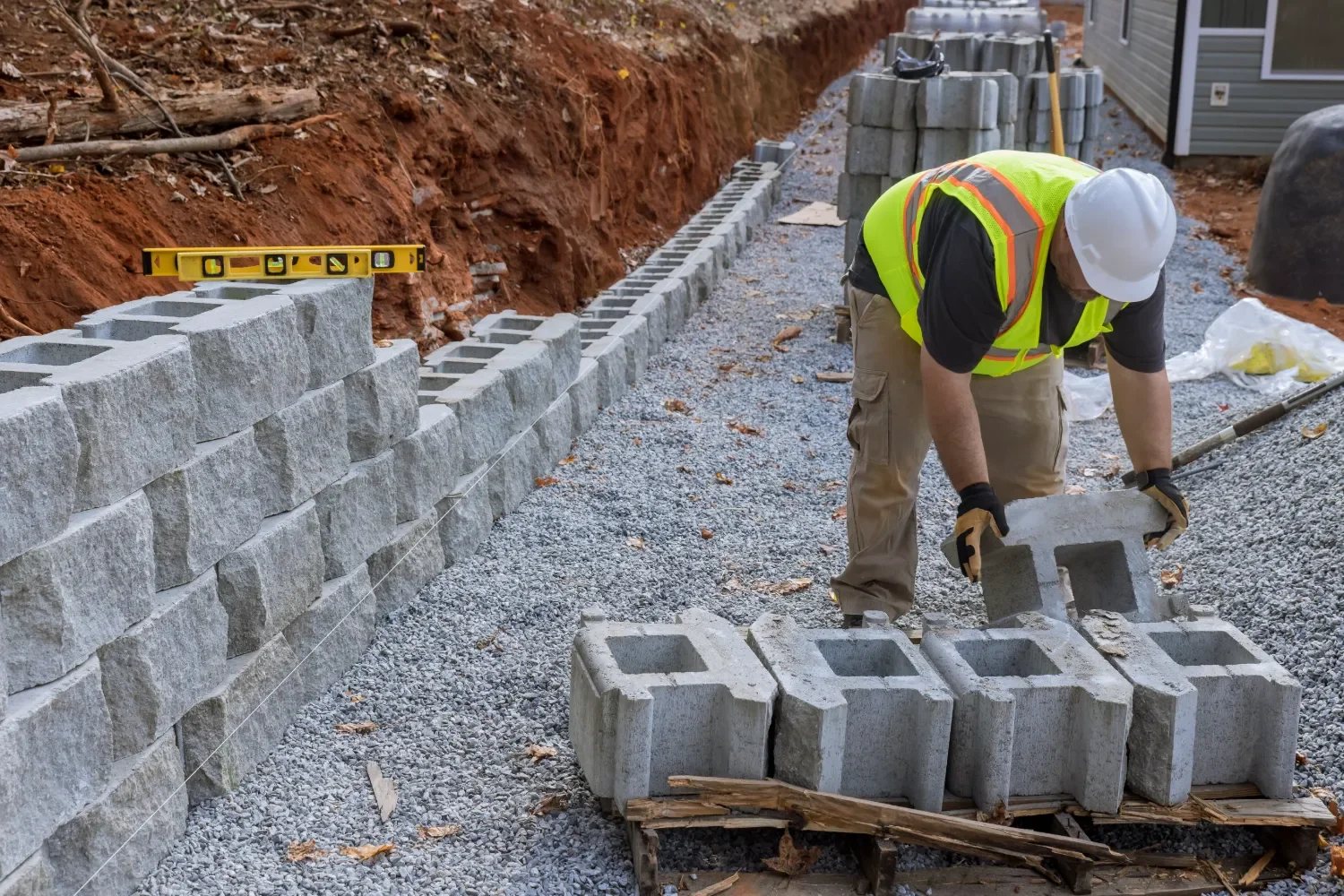 Engineered segmental block retaining wall installation in progress at a Sammamish, WA hardscape project