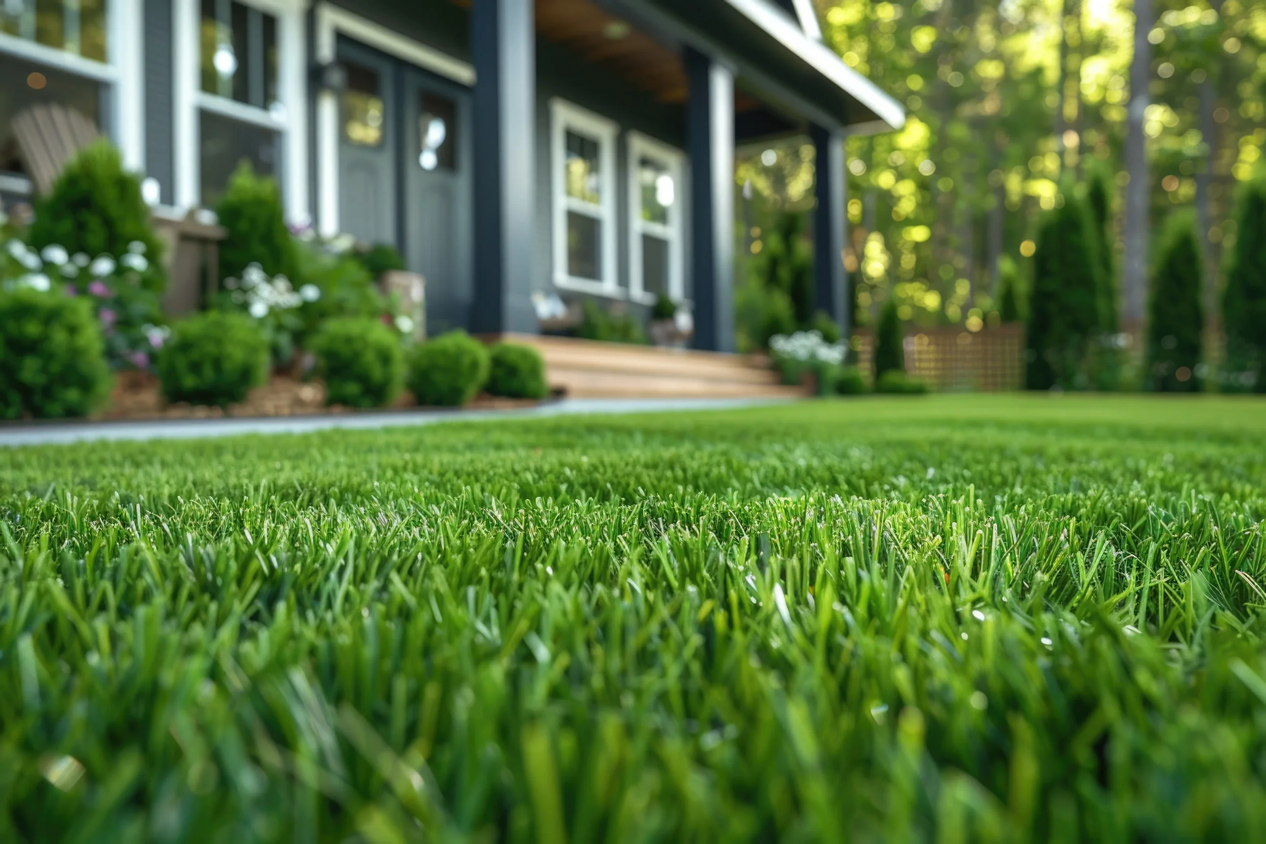 Professional lawn care in Lynnwood WA with healthy green grass and landscaped front yard