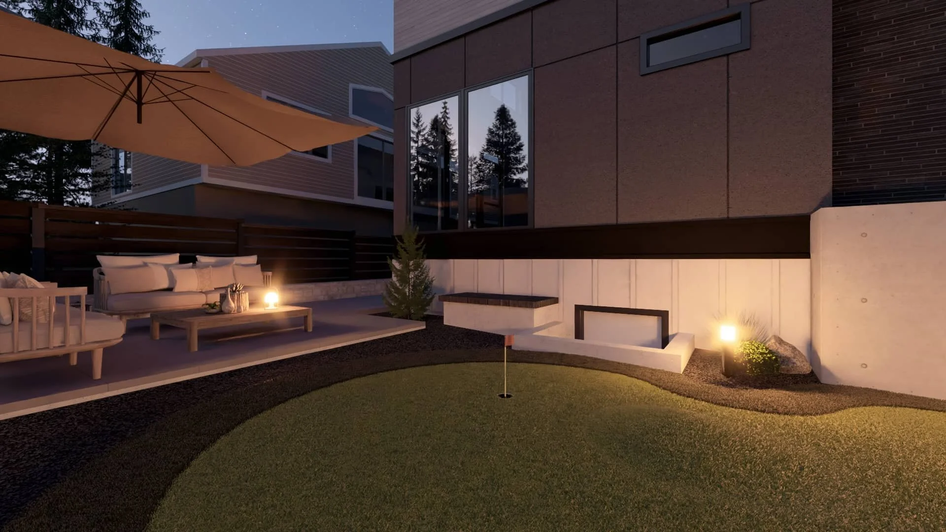 Modern backyard patio with outdoor furniture, large umbrella, small tree, and illumination lighting at dusk.