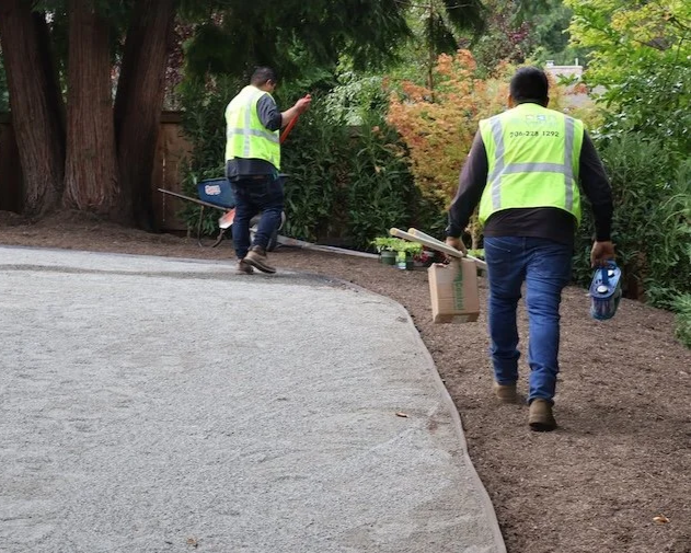 Landscaping crew finishing freshly spread bark mulch beds along a newly edged yard in Renton, WA