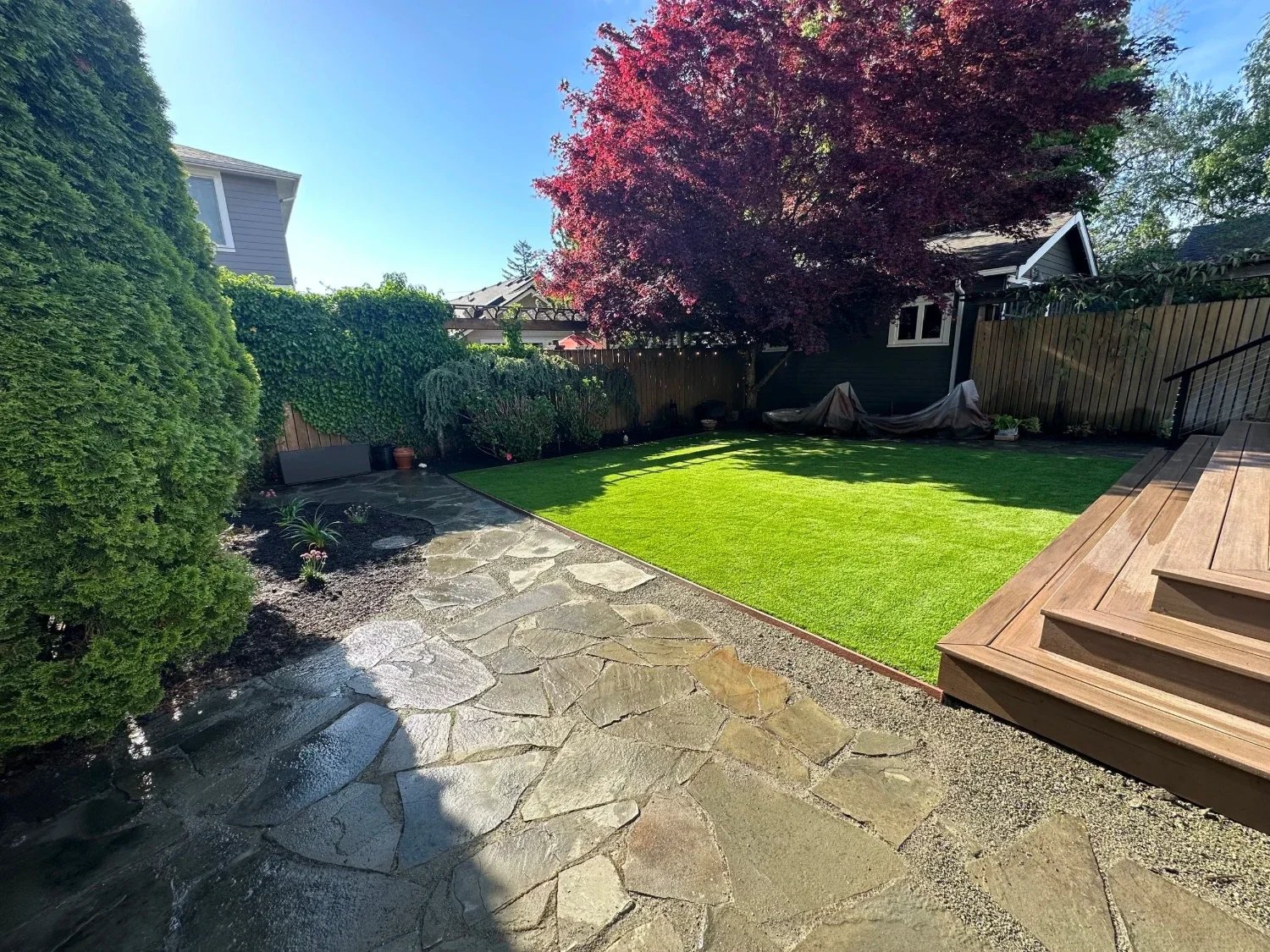 Backyard artificial turf installation in Bellevue, WA with flagstone walkway and mature landscaping