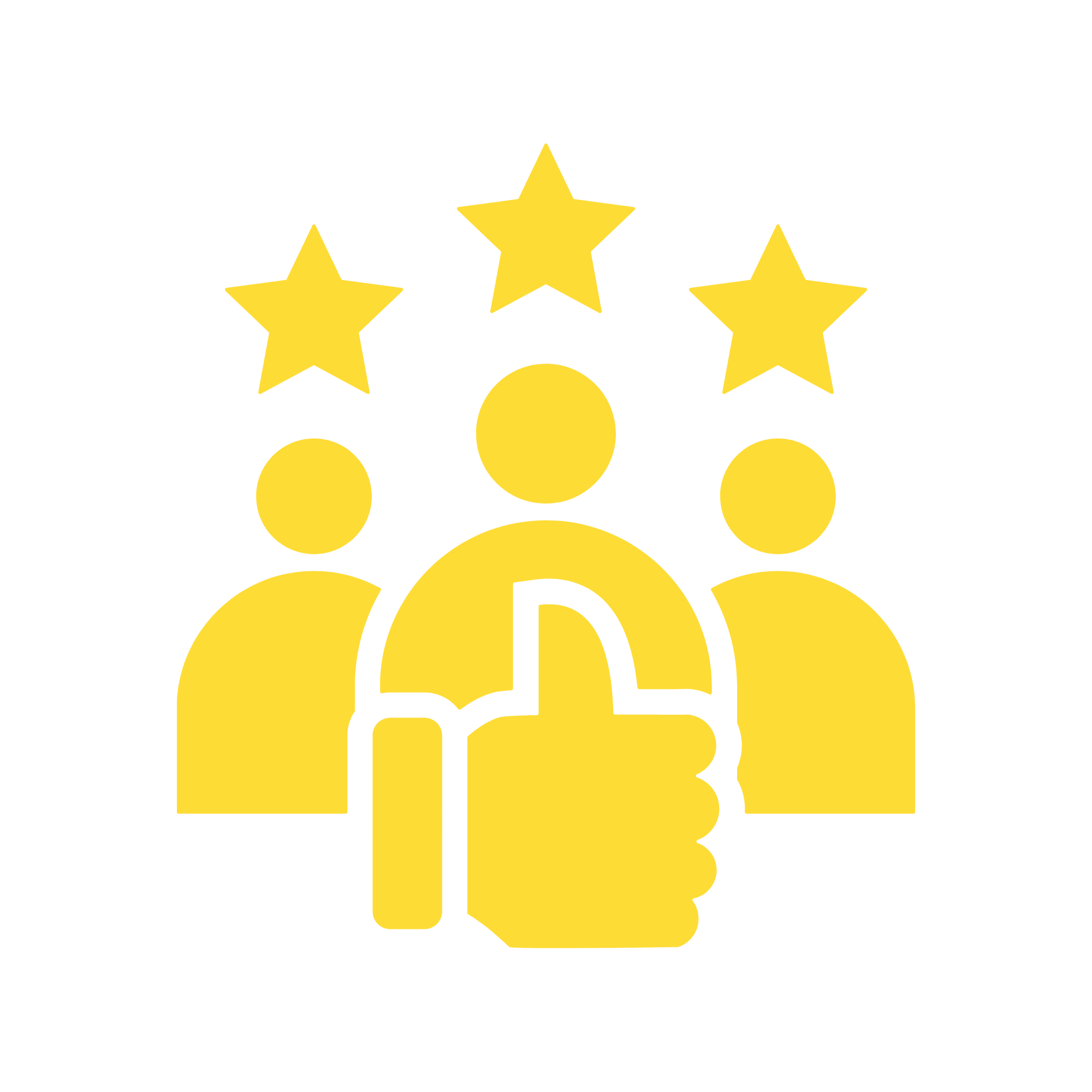 Icon of three yellow people with three yellow stars above their heads and a thumbs-up sign in front.