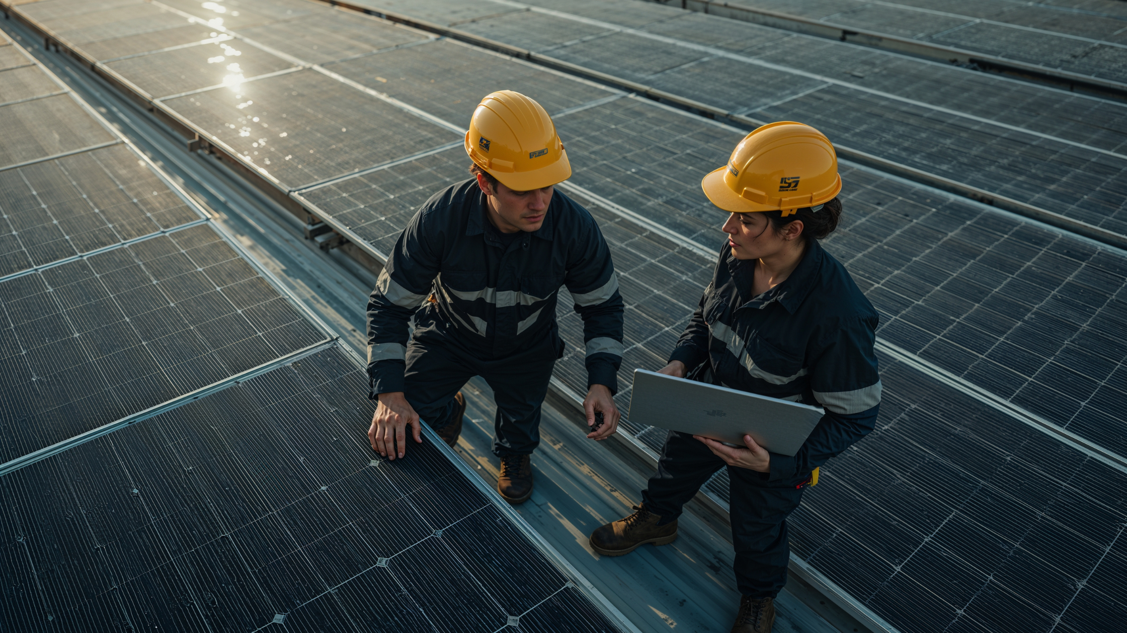 Two workers in dark uniforms and yellow safety helmets inspecting solar panels on a rooftop, one holding a laptop.