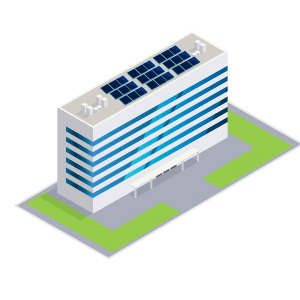 An isometric illustration of a modern multi-story office building with solar panels on the roof, surrounded by a parking lot and green lawn.