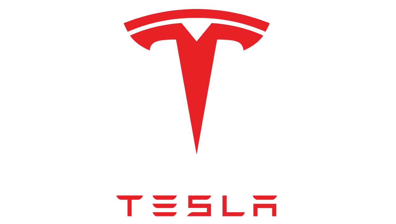 Tesla logo in red above the word "Tesla" in red text.
