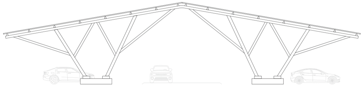 VCT Group solar carport system. Line drawing of modern carport with large sloped roof, supported by V-shaped steel beams, with cars parked underneath.