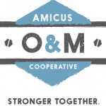 AMICUS M O & M Cooperative logo with blue and gray colors and the slogan 'Stronger Together.'
