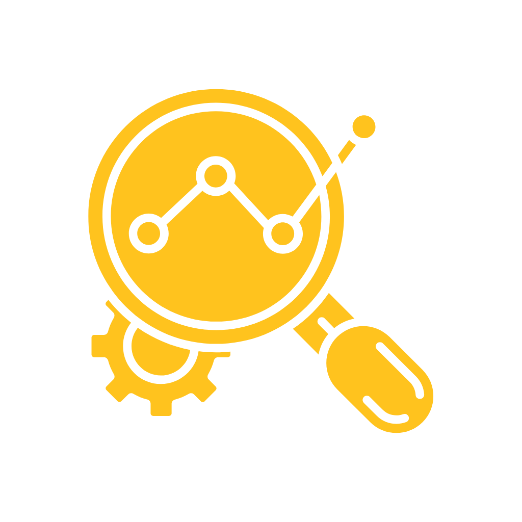 Icon of a magnifying glass with a line graph inside it, showing data points connected by lines, and a gear at the handle's base, symbolizing data analysis or research.