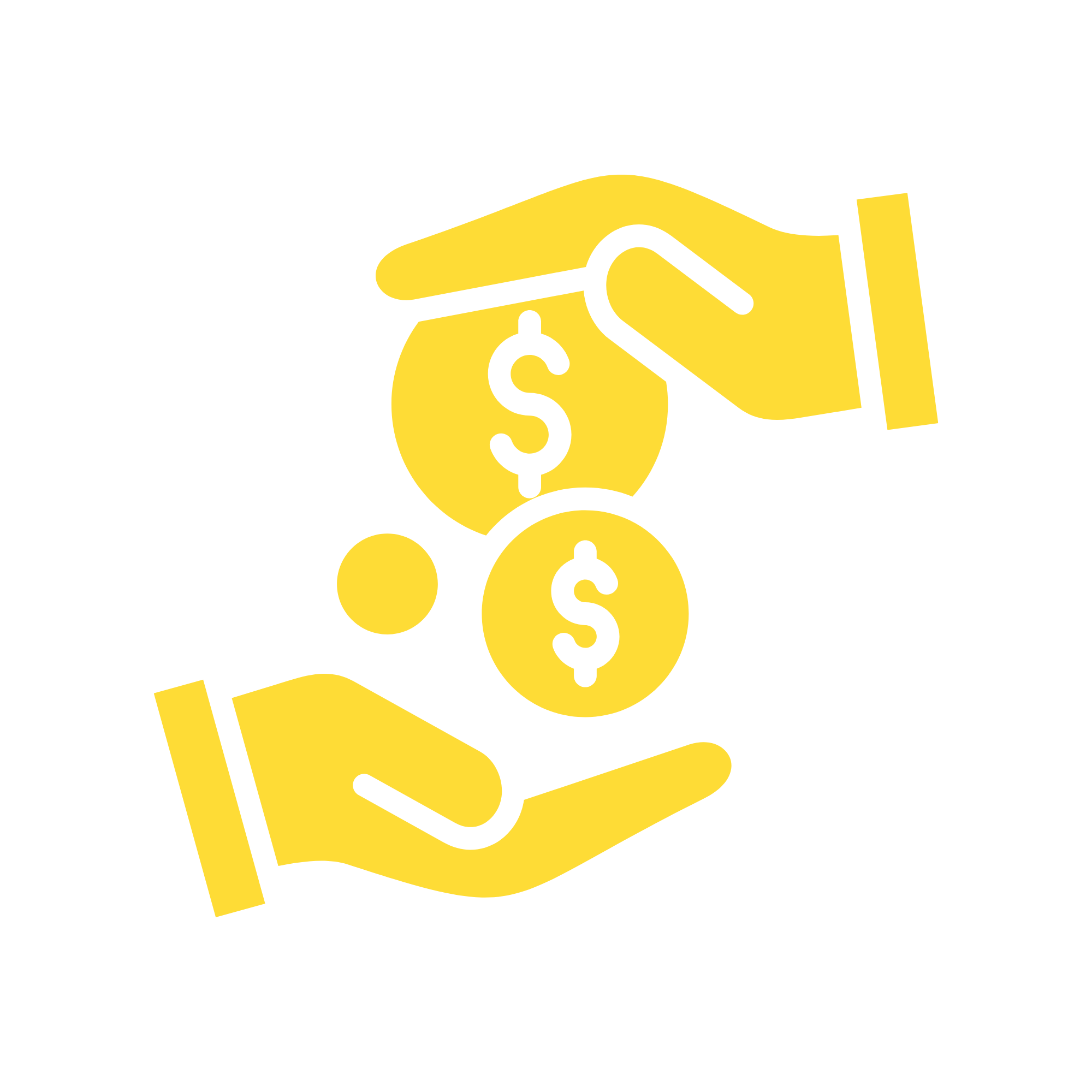 Icon of two yellow hands exchanging dollar coins with dollar signs on them, symbolizing financial transaction or payment.