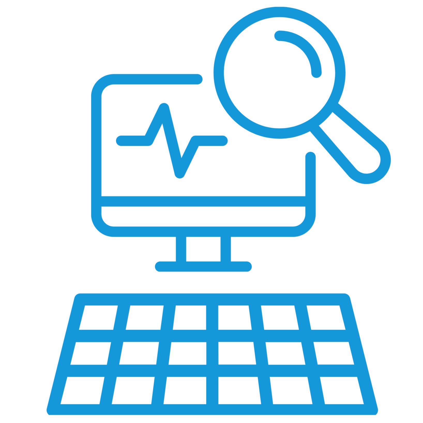 Computer monitor displaying a graph with a magnifying glass over it, and a keyboard in front.