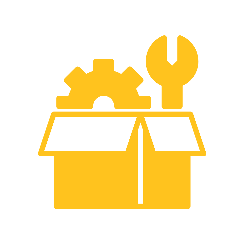 Icon of a cardboard box containing a gear and a wrench, symbolizing tools or hardware support.