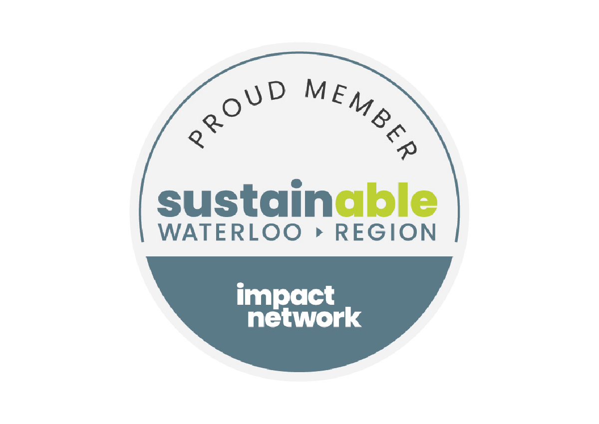 A circular badge or sticker that reads 'Proud Member sustainable Waterloo Region impact network' with the word 'sustainable' emphasizing the words 'able'.