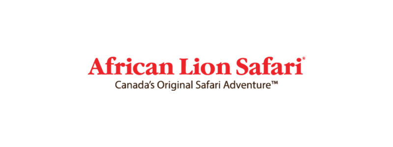 Logo for African Lion Safari with red and black text on a white background.