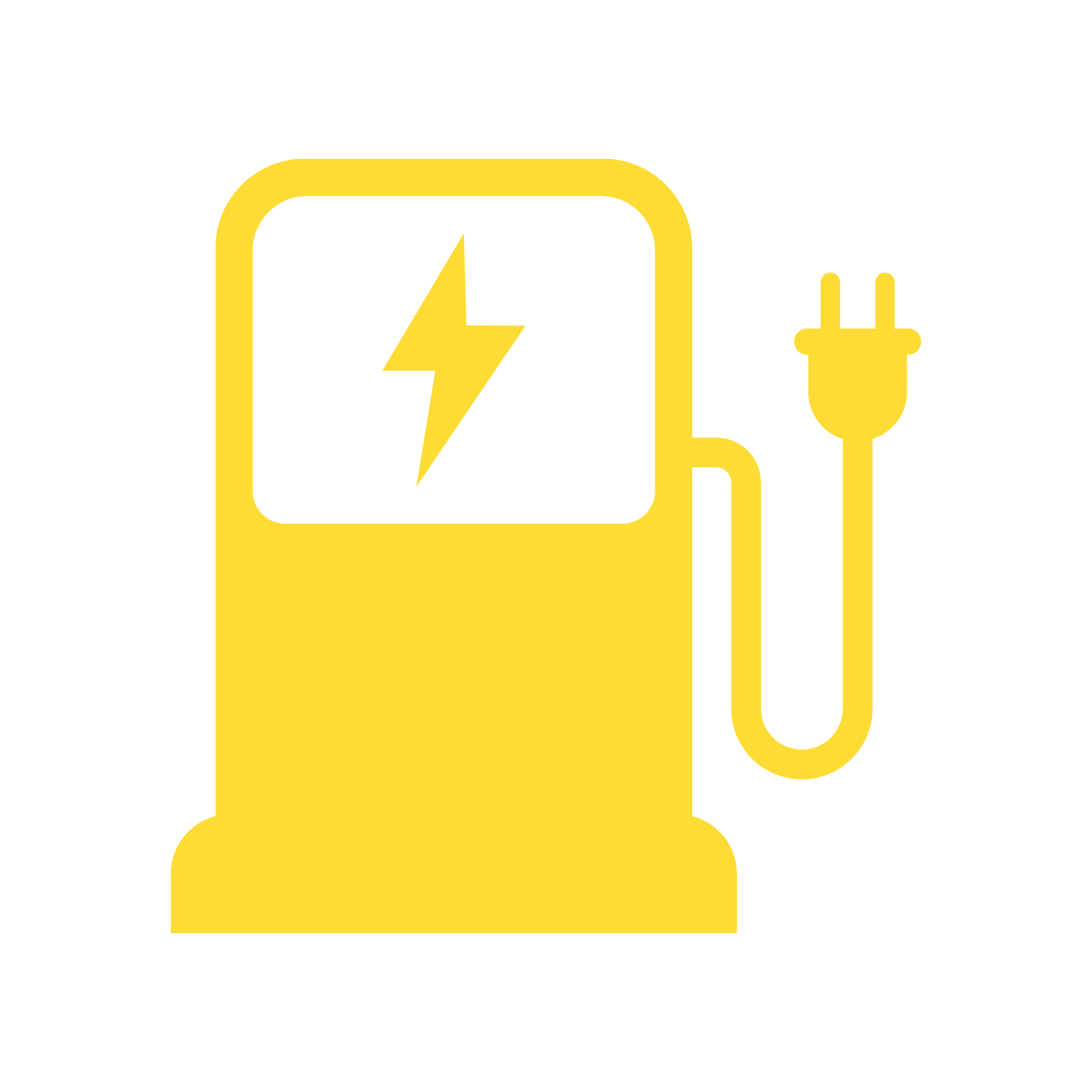 Yellow electric vehicle charging station with a plug and a lightning bolt symbol.