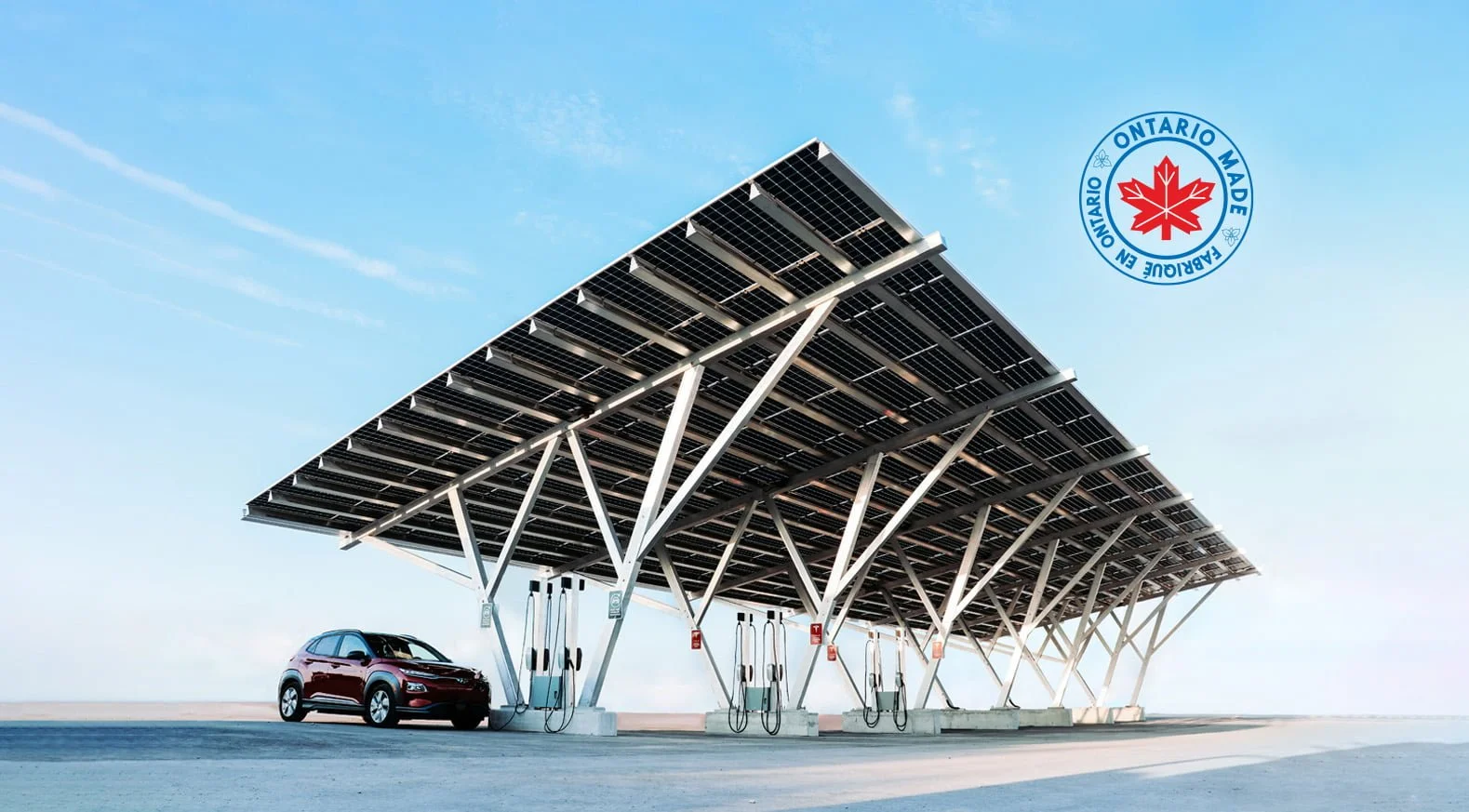 VCT Group solar carport system at Pickering Casino Resort. Electric vehicle charging station with solar panel canopy in Ontario, Canada