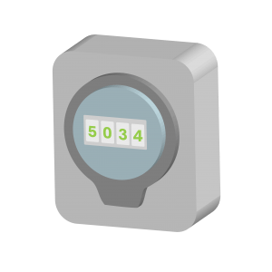 A close-up illustration of a bathroom or laundry machine with an odometer-style display showing the numbers 5034.