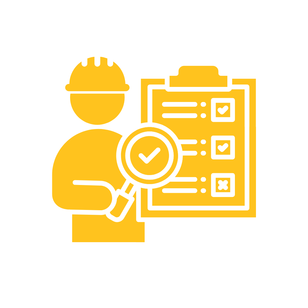 Icon of a person wearing a hard hat examining a checklist with a magnifying glass.