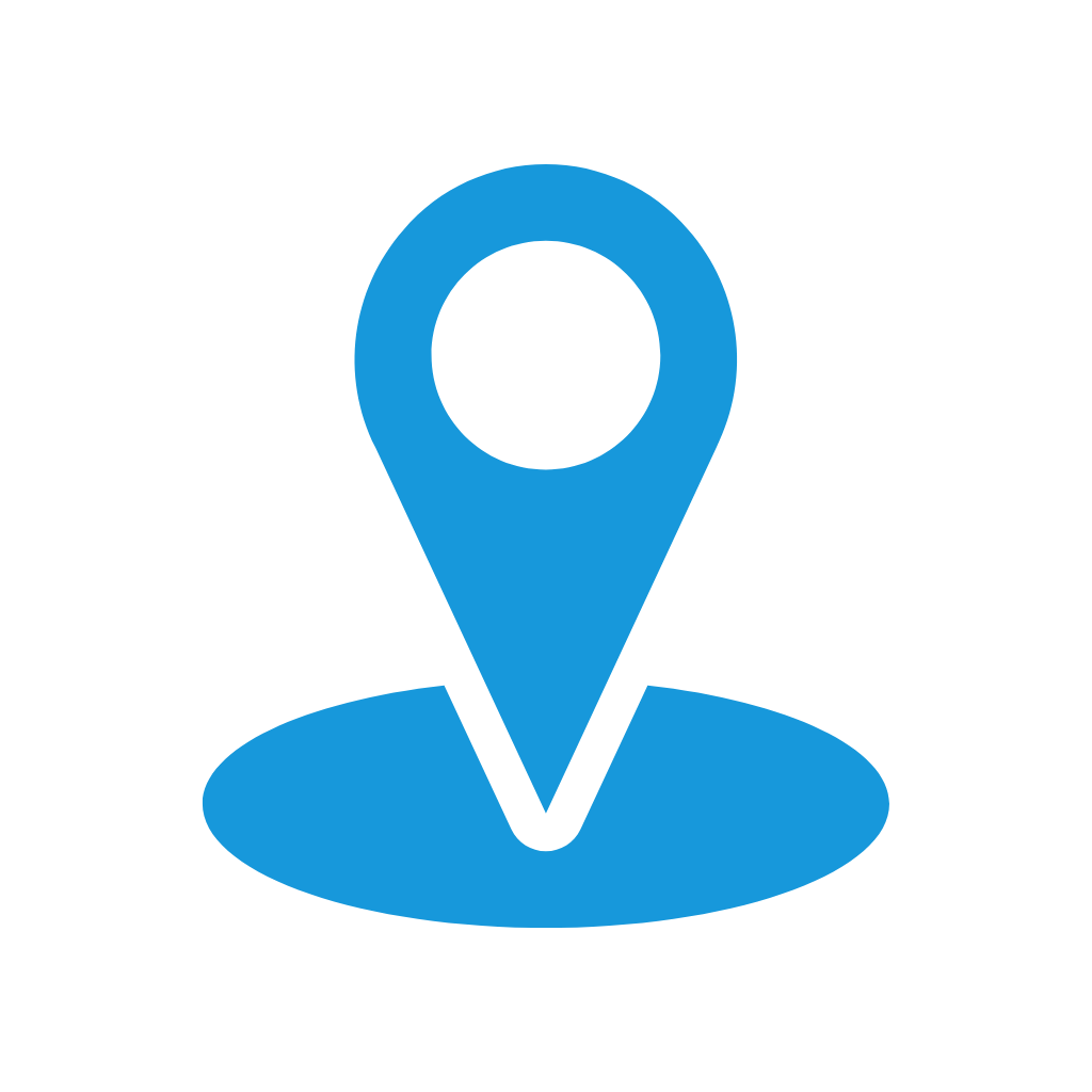 Blue location pin icon on a black background.